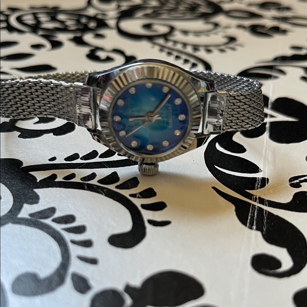 Silver Mesh Band Watch with Blue Dial